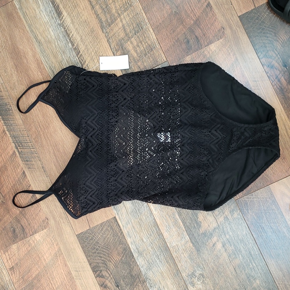 NWT Bongo Black Crochet One Piece Swimsuit, Size Medium